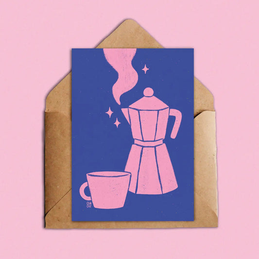 Café magique | Carte postale cafetière rose et bleu nuit