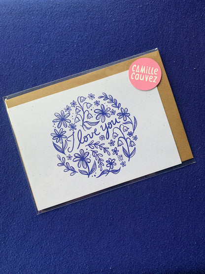 I love you | Carte Postale Fleurie ornementale bleue: A6